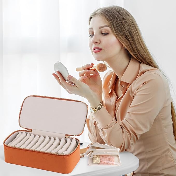 HofferRuffer Jewelry Box Organizer for Women Girls, Travel Jewelry Case with 12 Portable Zipper Bags, Jewelry Storage Ideal for Travel & Home Organization (12pcs-Brown Velvet)