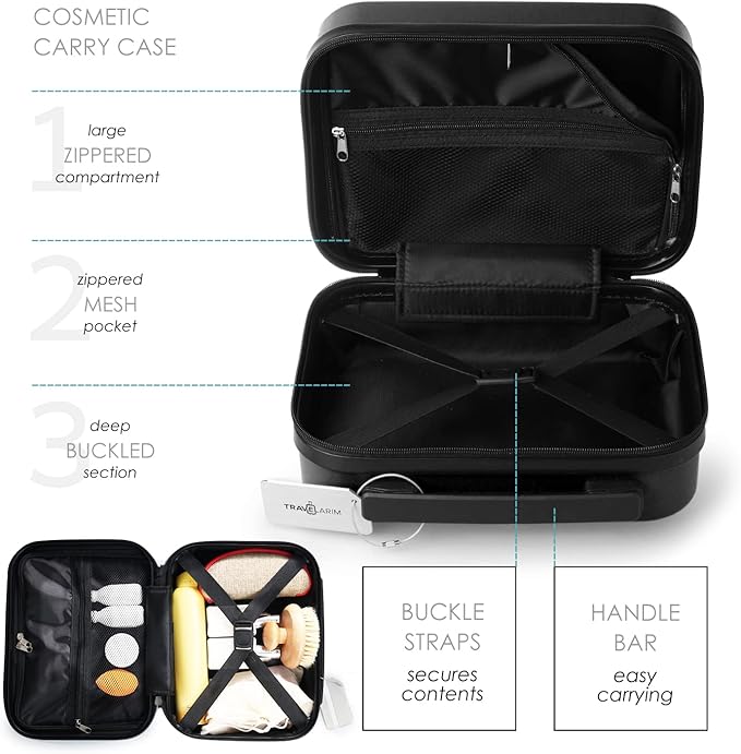 TRAVELARIM 22 Inch Carry On Luggage 22x14x9 Airline Approved, Small Carry On Suitcase, Hard-shell Carry-on Luggage with Wheels, Durable Black Luggage Carry-On with Cosmetic Case and Luggage Scale