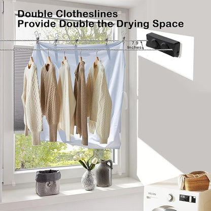 Retractable Clothesline - Heavy Duty 44lb Dual 304 Stainless Lines,16.7ft Anti-Sag Design,Install for Indoor/Outdoor Use (Black, Dual Lines)