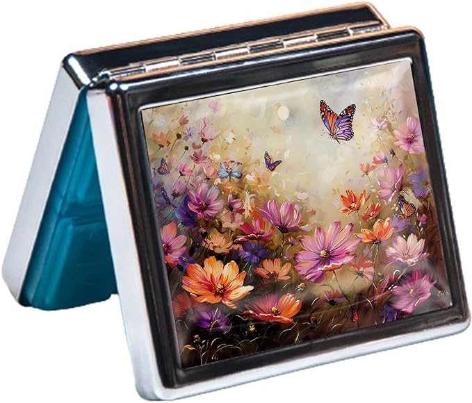 7 Days Chromed Shiny Silver Pill Organizer with Mirror Inside Has 8 Separate Compartments Rectangle,Versatile Storage for Medication - Ideal Travel Accessory (Butterflies in Flowers)