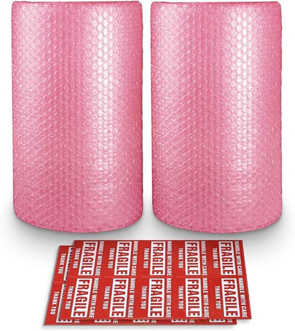Pacific Mailer 2-Pack Anti-Static Bubble Cushioning Wrap Rolls, 3/16" x 17" x 72' ft Total [2 Rolls of 36 Feet] Perforated Every 12", 20 Fragile Stickers for Packaging, Shipping, Mailing