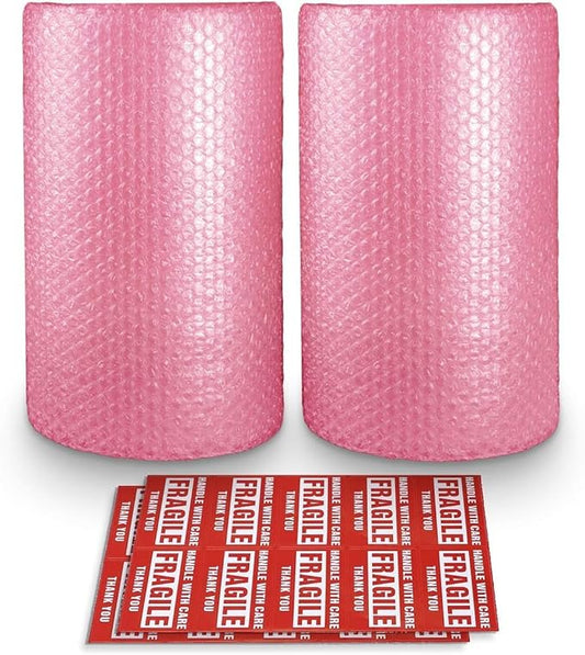 Pacific Mailer 2-Pack Anti-Static Bubble Cushioning Wrap Rolls, 3/16" x 17" x 72' ft Total [2 Rolls of 36 Feet] Perforated Every 12", 20 Fragile Stickers for Packaging, Shipping, Mailing