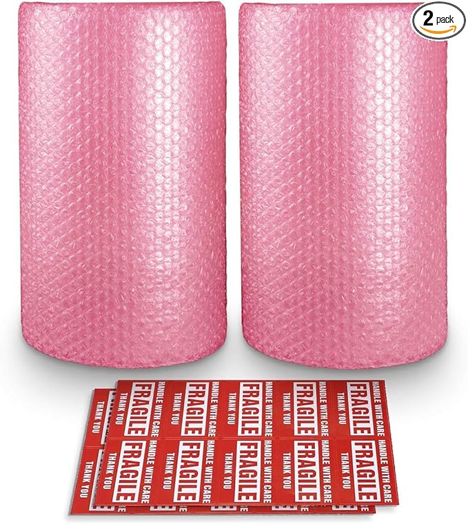 Pacific Mailer 2-Pack Anti-Static Bubble Cushioning Wrap Rolls, 3/16" x 12" x 72' ft Total, Perforated Every 12", 20 Fragile Stickers for Packaging, Shipping, Mailing