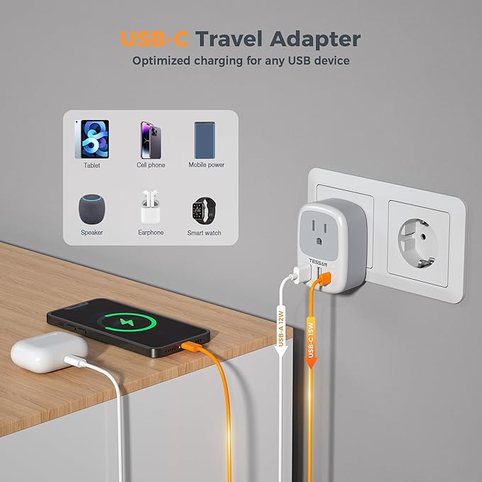 Type E F Plug Adapter USB C, TESSAN Germany France Power Adaptor, Schuko Outlet with 3 USB Ports, Travel Plug for US to Europe EU Spain Iceland Korea Greece Russia German French