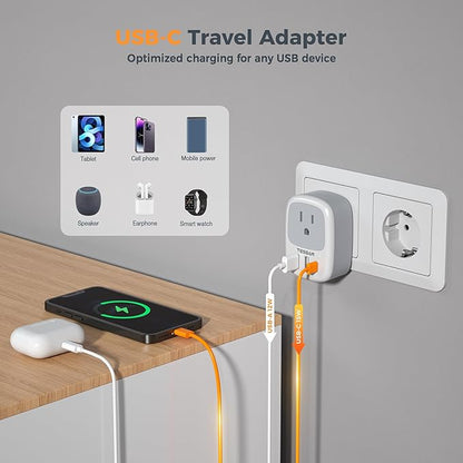 Type E F Plug Adapter USB C, TESSAN Germany France Power Adaptor, Schuko Outlet with 3 USB Ports, Travel Plug for US to Europe EU Spain Iceland Korea Greece Russia German French