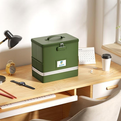 Fireproof File Box with Lock, Document Box Storage Organizer, Suitable for Hanging File Folders in Letter Size, Collapsible File Box, Reflective Strip for Fast Find (12.2"*6"*10.2, Green)