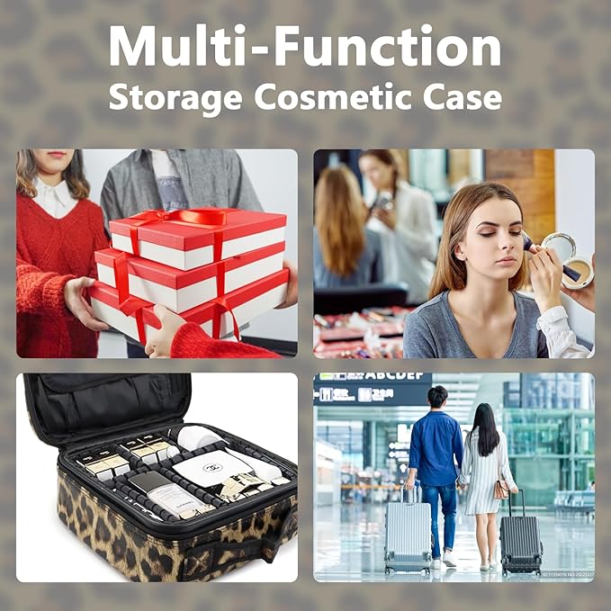 Travel Makeup Train Case Cosmetic Case Organizer Portable Artist Storage Bag with Adjustable Dividers for Cosmetics Makeup Brushes Toiletry Jewelry Digital Accessories (leopard print)