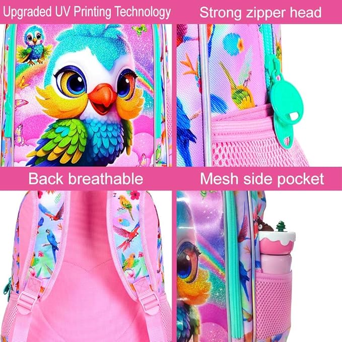 WZLVO 3PCS Backpack for Girls, 16'' Kids Parrot Preschool Bookbag Set, Cute Animal Water Resistant School Backpacks Set for Elementary Kindergarten Teen Travel