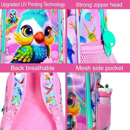 WZLVO 3PCS Backpack for Girls, 16'' Kids Parrot Preschool Bookbag Set, Cute Animal Water Resistant School Backpacks Set for Elementary Kindergarten Teen Travel