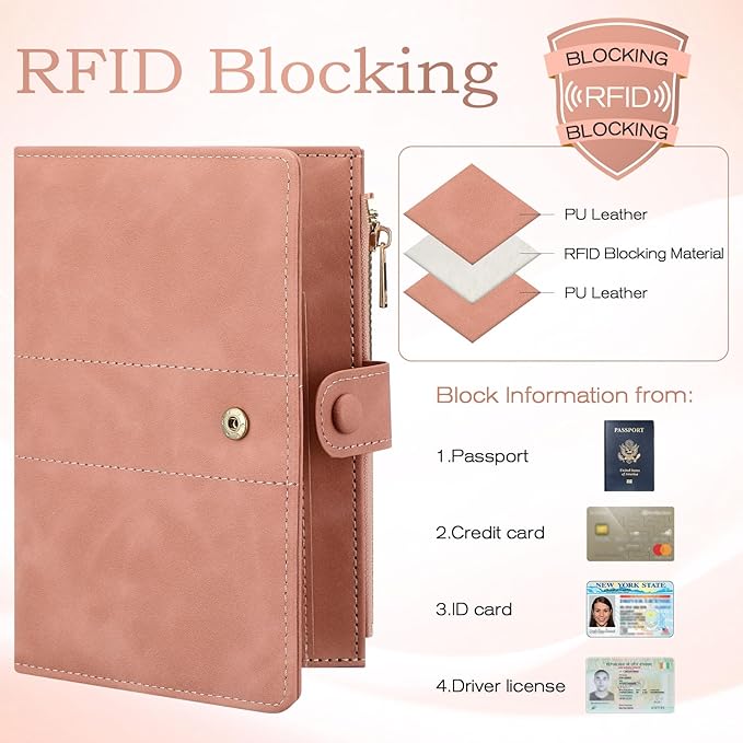 Leather Passport Holder for Travel, RFID Passport Wallet with Zipper Pocket, Passport Covers with Pen Holder, Travel Wallets Essentials Aesthetic Cute Passport Sleeve for Women Men(Pink)