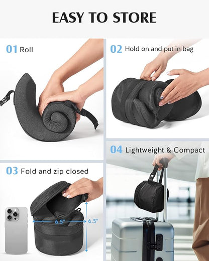 YFONG Travel Pillow for Long Flight Airplanes, Head Strap Combo with 3D Contoured Eye Mask for Sleep, Neck Pillow for Car Trip Essential, 360° Support Memory Foam Headrest, Prevent Head Bobbing, Black