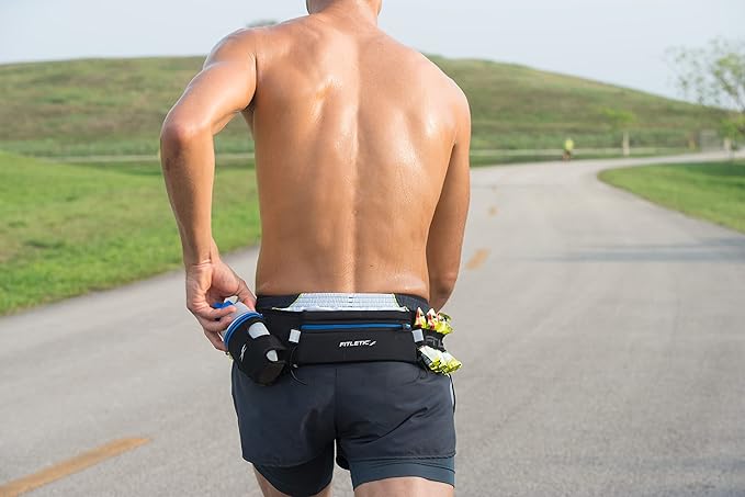 Fitletic Hydration Running Belt With 12oz Quick Flow Water Bottle For Men & Women –Race Belt, Gel Holder & Bib Toggles Patented Bounce Free Design, Water Resistant Fits All Phones –Fully Loaded