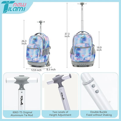 NEW TILAMI 18 Inch Rolling Backpack with Wheels for Girls Boys Kids Laptop Backpack School Travel, Purple Star