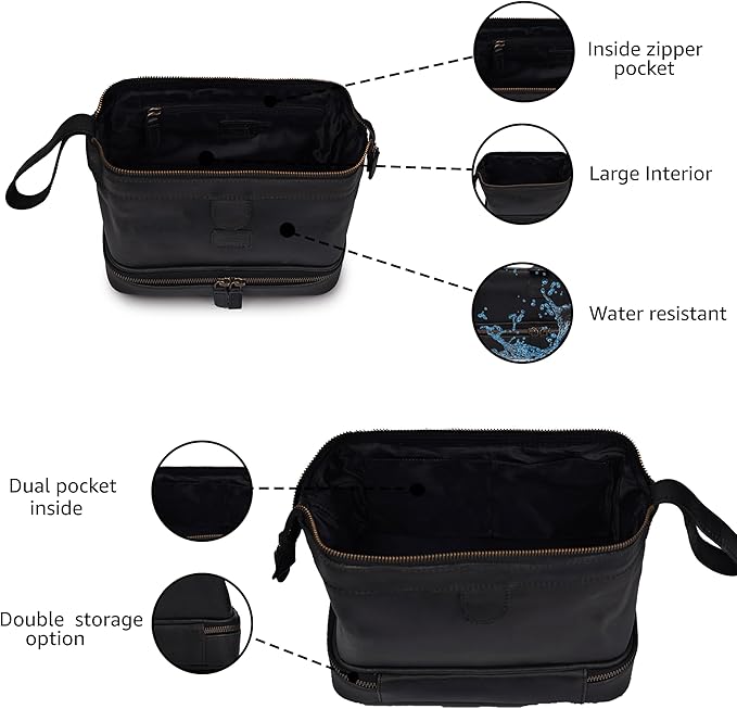 LEATHER VILLAGE Genuine Leather Dopp Kit – Large Travel Toiletry Bag with Waterproof Lining, Dual-Zip Design for Men & Women, Organizer for Shaving, Makeup & Essentials - Black