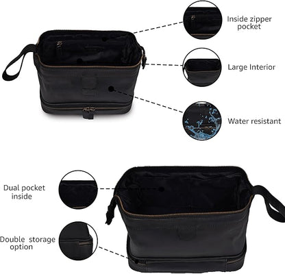 LEATHER VILLAGE Genuine Leather Dopp Kit – Large Travel Toiletry Bag with Waterproof Lining, Dual-Zip Design for Men & Women, Organizer for Shaving, Makeup & Essentials - Black