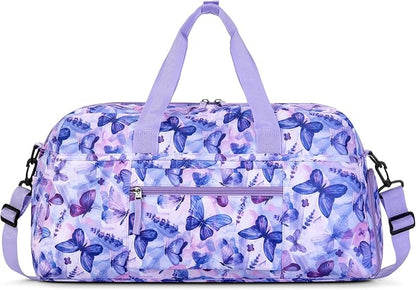 Choco Mocha Girls Duffle Bag for Travel Sports Duffle Bag with Shoe Compartment Gym Duffle Tote Bag Dance Duffle Bags for Teen Girls Butterfly Purple