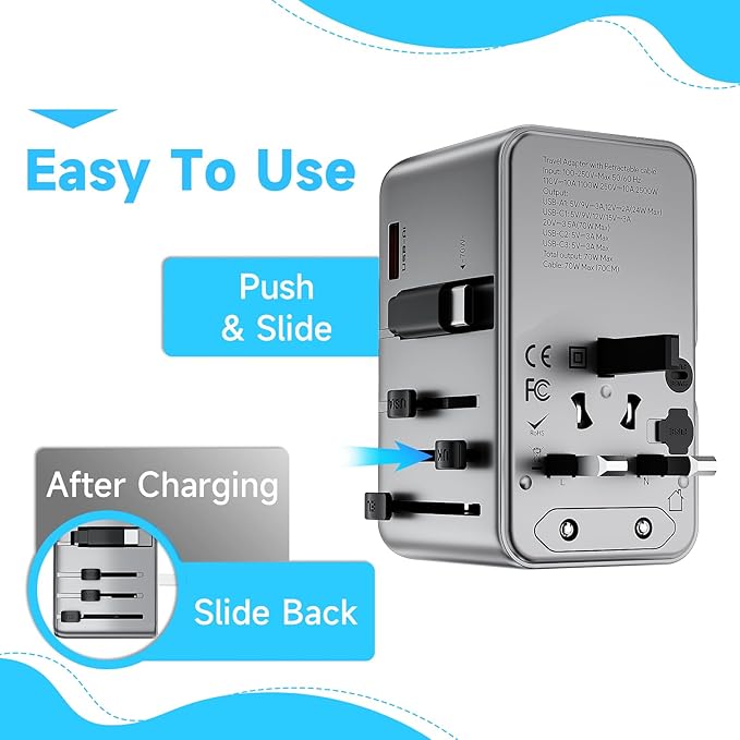 Minthouz Universal Travel Adapter, International 70W Power Adapter GaN Fast Charger with 3 USB-C PD, 1 USB-C Cable & A Ports, All-in-One Portable AC Power Plug Adapter for USA EU UK AUS