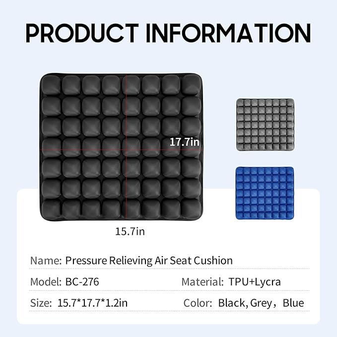 Inflatable Seat Cushion - Portable Travel Cushion for Airplane, Office & Camping - Adjustable Support with Pressure Dispersion to Prevent Discomfort & Bedsore-Blue
