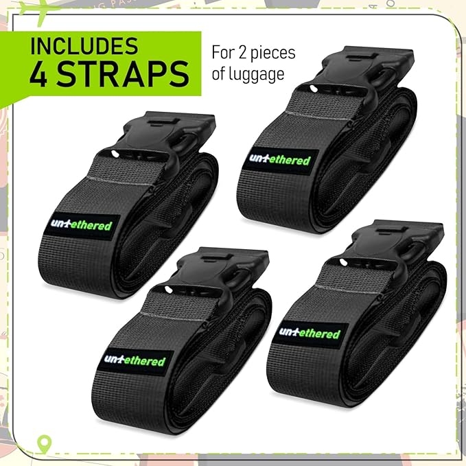 Untethered Luggage Straps | TSA-Approved Suitcase Belts with Heavy-Duty Buckles. Secure Adjustable Travel Accessories for Checked Bags. 4-Pack