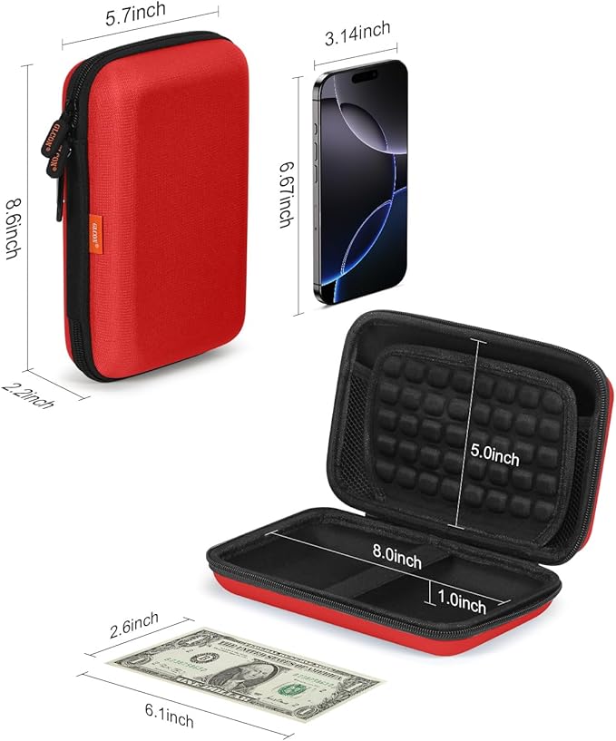 Pure-Red Shockproof Hard Shell Carrying Case for Portable External Hard Drive, Power Bank, Charger, Seagate Game Drive, Cell Phone, Electronic, Women Accessories - Large Storage Pouch Travel Bag