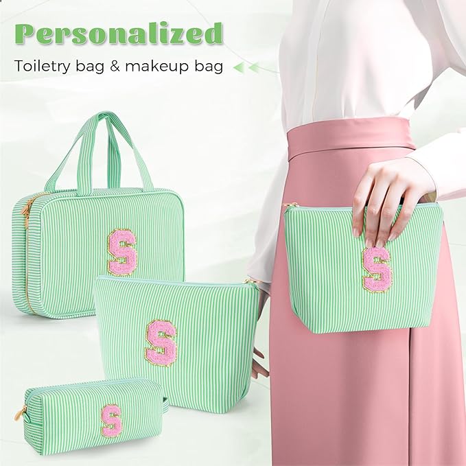Cute Toiletry Bag Makeup Bag for Women & Girls - Cosmetic Bag | Initial Make Up Bag | Personalized Gift for Women/Her | Bridal Shower & Mother's Day Gift - Green S