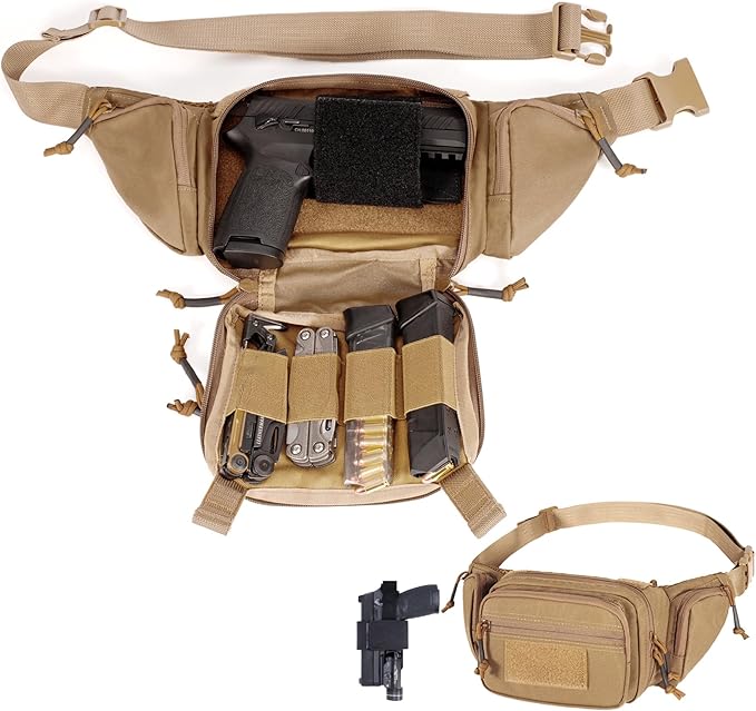 Tactical Fanny Pack CCW Gun Waist Bag for Men and Women with Pistol Holster, Low Profile Concealed Carry Everyday Hip Pack for Hiking Travel Outdoor Running Hunting, Brown