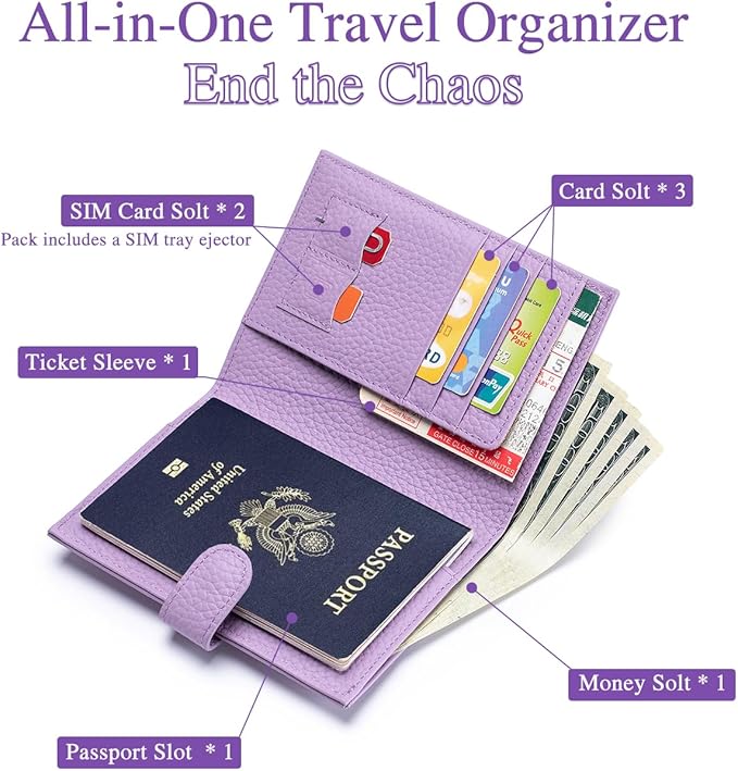 Slim Passport Wallet for Women – RFID Blocking Passport Holder for Travel with Card Slots, Coin Pocket & SIM Slot – Stylish Genuine Leather Travel Organizer – (Lavender)