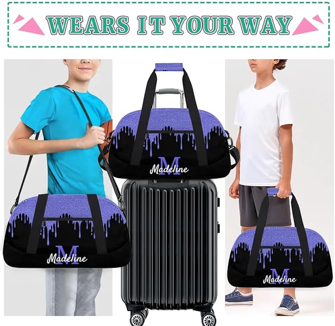 Personalized Kids Sports Duffel Bag with Name Custom Weekender Overnight Bag for Boys Girls Gym Bag Travel Dance Gymnastics Duffel Bag, Blue Purple Glitter