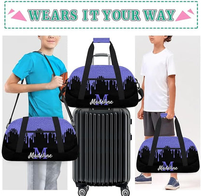 Personalized Kids Sports Duffel Bag with Name Custom Weekender Overnight Bag for Boys Girls Gym Bag Travel Dance Gymnastics Duffel Bag, Blue Purple Glitter