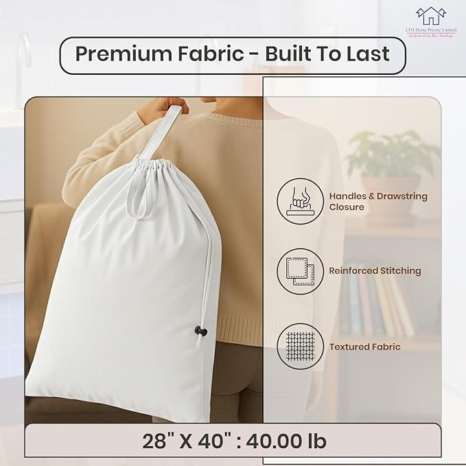 LFH Home Cotton Canvas Large Laundry Bag with Handle, Heavy Duty Drawstring Closure Washable Laundry Bags, School Travel, Home, Hotel, College Dorm, Organizer Sack, Toy Clothes 28x40 (Pack of 6)-White