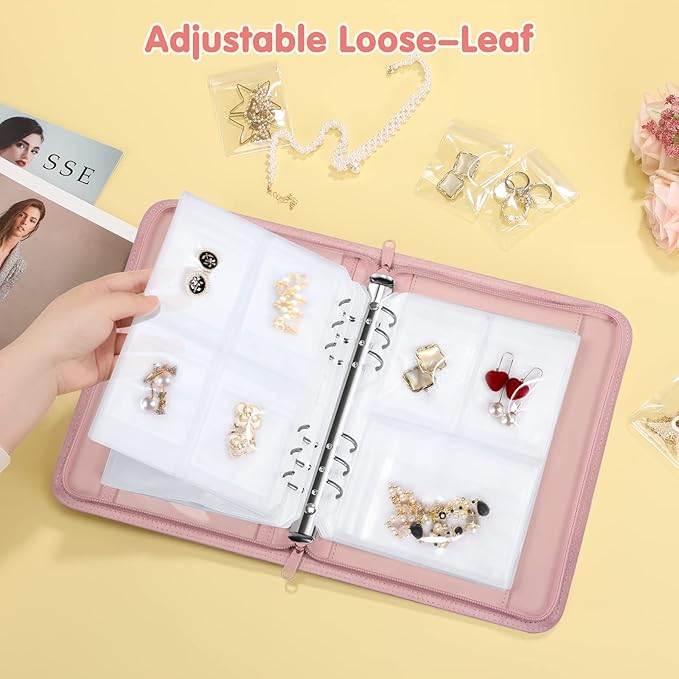 Jewelry Travel Organizer Case, PU Leather Portable Jewelry Storage Book with Transparent Pockets Zipper Bag for Necklaces, Earrings, Bracelets(48 Grids+48 Thicken PVC Bags), Rose Gold
