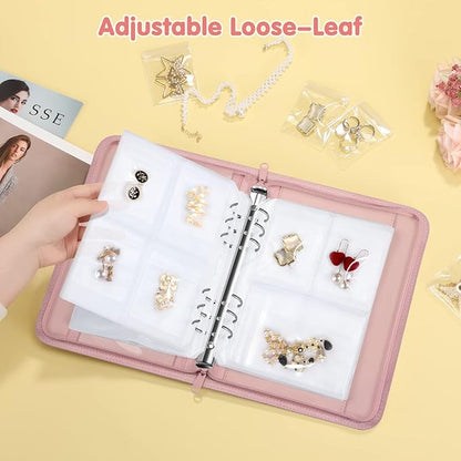 Jewelry Travel Organizer Case, PU Leather Portable Jewelry Storage Book with Transparent Pockets Zipper Bag for Necklaces, Earrings, Bracelets(48 Grids+48 Thicken PVC Bags), Rose Gold