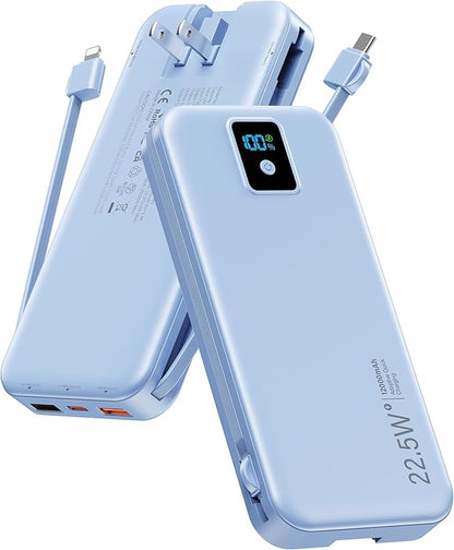 Portable Charger, 12000mAh 22.5W Fast Charging Power Bank with Built-in Cables & Wall Plug, Travel Essentials Battery Pack with LED Display, USB C External Battery Bank for iPhone iPad, Samsung Blue