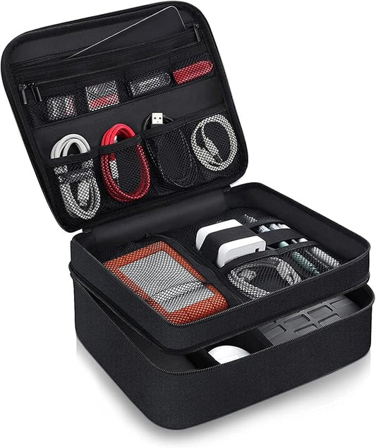 Smof Electronics Travel Organizer, Waterproof Cable Organizer Bag for Electronic Accessories 3 Layer Large Shockproof Cable Storage Bag for Cord, Power Bank, Tablet- Black