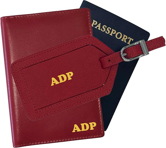 Personalized Monogrammed Red Leather RFID Passport Wallet and Luggage Tag