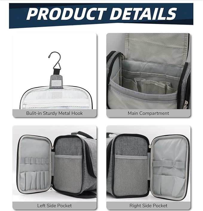 Buruis Large Toiletry Bag for Women and Men, Hanging Travel Bag for Makeup, Cosmetics, Shaving, Toiletries, Water-Resistant Dopp Kit for Gym, Camping, or Daily Use, Oxford Gray