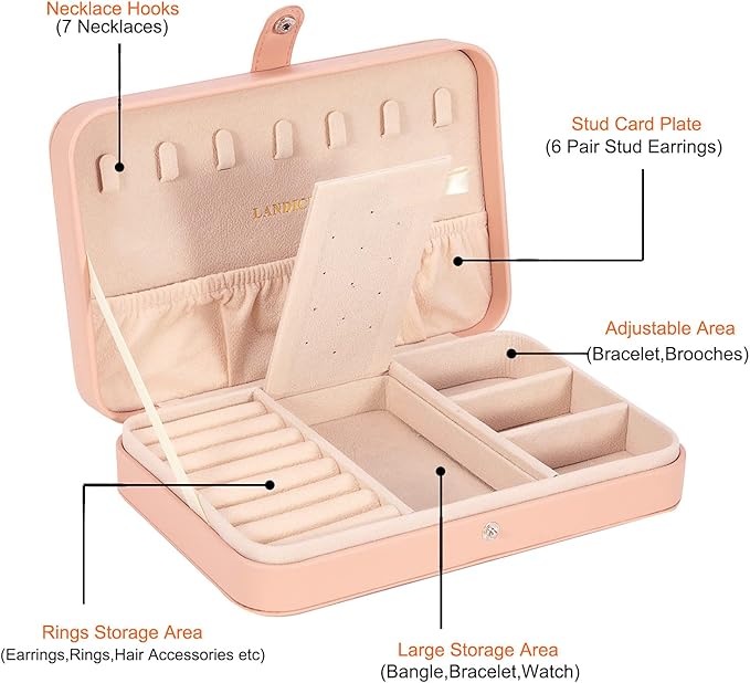 LANDICI Small Jewelry Box for Women Girls, PU Leather Travel Jewelry Case, Portable Jewelry Organizer Storage Holder Display for Ring Earrings Necklace Bracelet Bangle Men Kids Gift, Pink