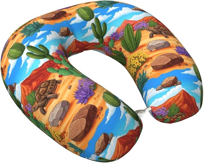 Comfortable Memory Foam Neck Pillow Desert Tortoise Cactus, Travel U Shaped Airplane/Car/Flight Pillows with Removable Zipper Cover, Chin Head Neck Support Cushion