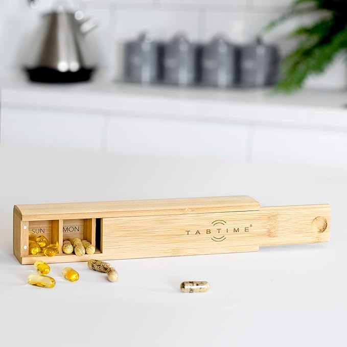 Bamboo Weekly Pill Organizer - 7 Day Wood Tablet Box - Ideal Aesthetic Pill Organizer for Vitamins or Supplements
