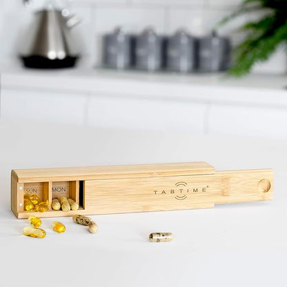 Bamboo Weekly Pill Organizer - 7 Day Wood Tablet Box - Ideal Aesthetic Pill Organizer for Vitamins or Supplements