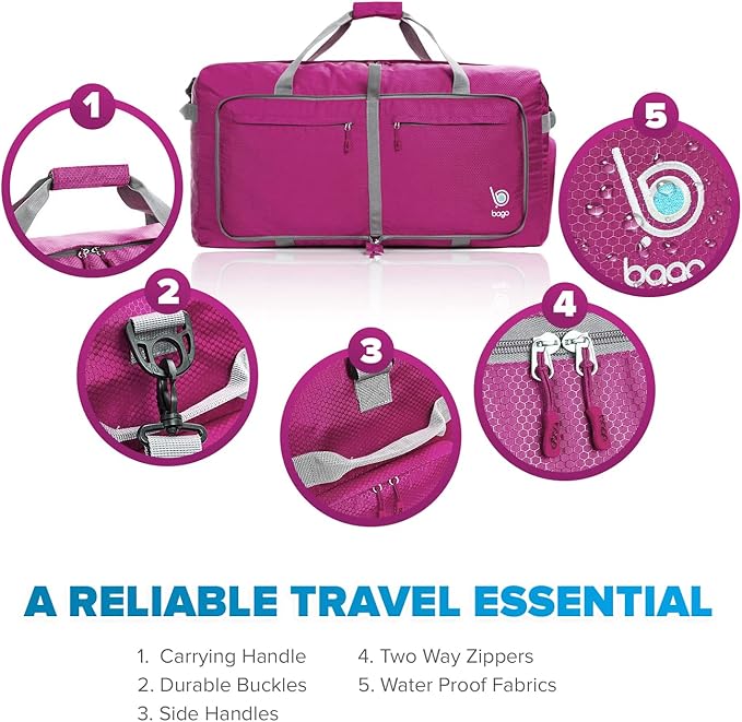 Bago Big XXL Foldable Duffel Bags for Traveling Women & Men - 140L Packable Duffle Bag for Travel with Shoe Compartment - Water Repellant, Heavy Duty, Lightweight Folding & Collapsible (Pink)