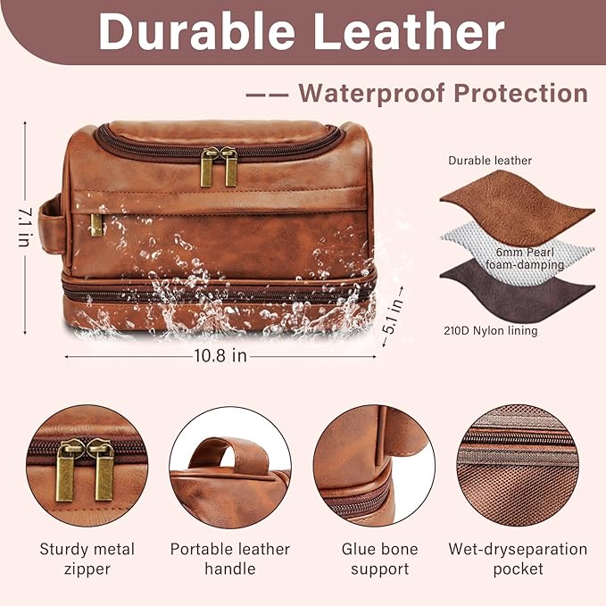 Personalized Toiletry Bag for Men Him, Gifts for Men, Custom Leather Travel Bag Shave Kit, Engraved Pattern Text, Ideal Christmas Gift for Dad, Birthday, Boyfriend, Anniversary, Husband, Son