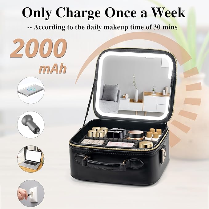 SJD Travel Makeup Bag with LED Mirror, Portable Cosmetic Case Organizer with Lighted Mirror, Waterproof Makeup Case for Cosmetic Brush Holder Storage, Black Toiletry Bag for Women Gift