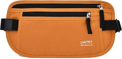 RFID Blocking Money Belt for Men Women, Slim Fanny Pack for Travel，Running,Conceal Waist Wallet for Passport Holder,Phone,Cash(Brown Orange)