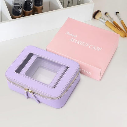 Pinkmik Clear Makeup Bag Waterproof Travel Case for Cosmetics and Toiletries Women's Purse Organizer and Clear Car Bag with Zipper (X/Purple, M+MINI)