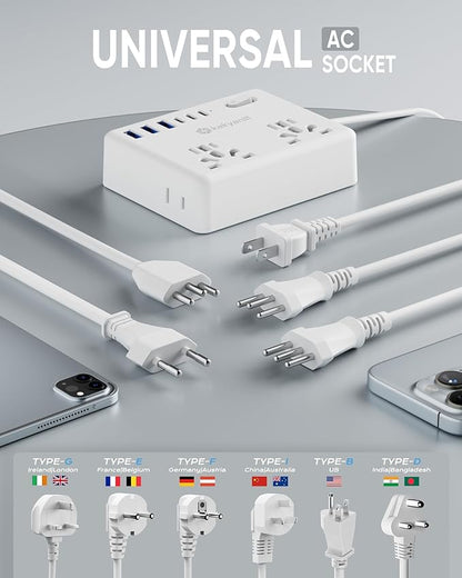 Universal Travel Adapter, Kakyanill European Travel Plug Adapter, EU/UK/AU/Plug Adapter, 4 AC Outlets, 6 USB Ports (3 USB C), 5ft Flat Extension Cord, Compact for Travel