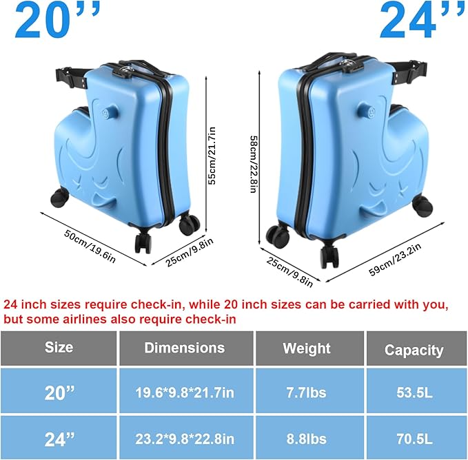 20 Inch Kid Ride Suitcase, Kid Luggage Seat Ride With Lock - Kids Travel Trolley With Safety Belt, Luggage For Kids Airplane Travel,Suitcase To Aged 1-6 Years Old, ABS+PC (Blue)