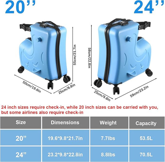 20 Inch Kid Ride Suitcase, Kid Luggage Seat Ride With Lock - Kids Travel Trolley With Safety Belt, Luggage For Kids Airplane Travel,Suitcase To Aged 1-6 Years Old, ABS+PC (Blue)