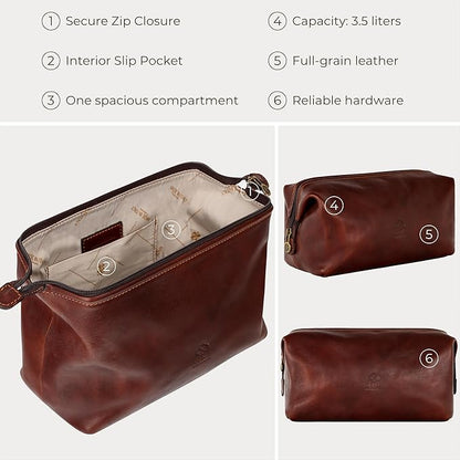 Time Resistance Leather Toiletry Bag Cosmetic Case Italian Classy Dopp Kit