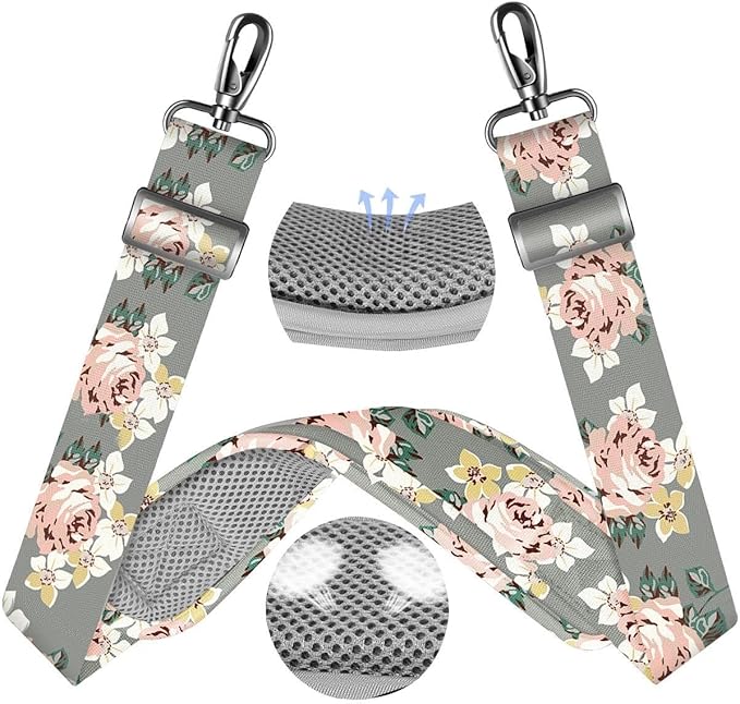 ZINZ 60" Universal Bag Strap with Ultra-Thick Fixed Breathable Pad Adjustable Heavy-Duty Shoulder Strap for Laptop Bag Crossbody Luggage Gym Bag Camera Bag and More,Gray Flower
